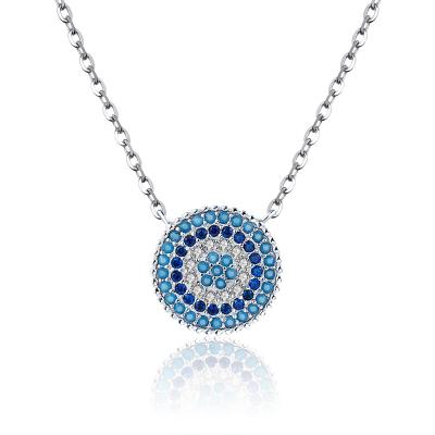 China Popular Authentic Silver Jewelry SCN099 925 Sterling Silver Round Blue Crystal Lucky Blue Eyes Women Popular Pendant Necklaces for sale