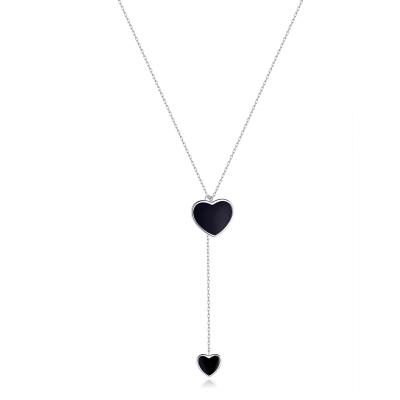 China Popularity Double Heart Necklace For Women Simple Black Enamel Y-shape Chain Necklaces 925 Sterling Silver Jewelry BSN095 for sale