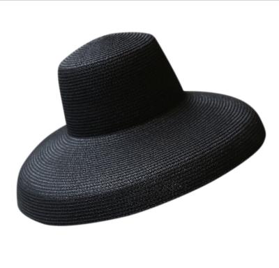 China Can put customer's logo on vintage black and white foldable Straw Hat beach sun visor hat wholesale sunscreen dome big tourist hat for sale