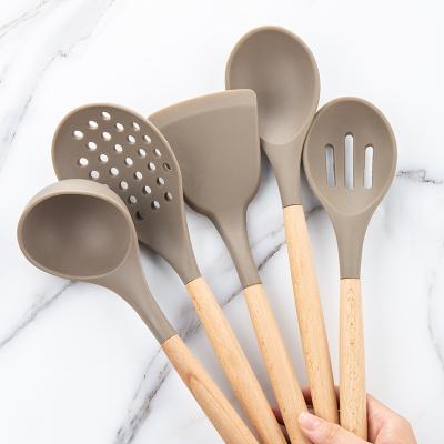 China 10 Pc Sustainable Popular Silicone Wooden Kitchenware Set Handles For Cookware Non-Stick for sale