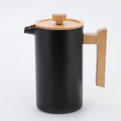 China WITH LID 800ml 1000ml Insulated Double Wall Coffee Pot Black Coffee Maker Stainless Steel French Press With Wooden Handle for sale