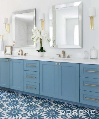 China 2023 Modern Dorene Marble Top Blue Color MDF Lacquer Cheap Shaker Door Floor Standing Bathroom Vanity With Sink And Mirror for sale