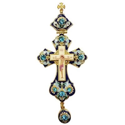 China Latest Religiou Design Gold Plated Blue Orthodox Priest Prayer Painting JESUS ​​CROSS PENDANT NECKLACE for sale