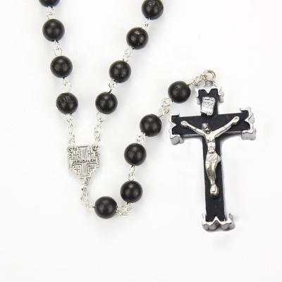 China Religiou Catholic Beads Holy Father Black Wooden Virgin Cross Beads Jewelry Religious Necklace for sale