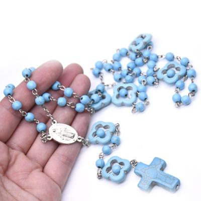 China Religiou Turquoise Rosary Necklace Cross Necklace Gift Catholic Religious Prayer Beads for sale