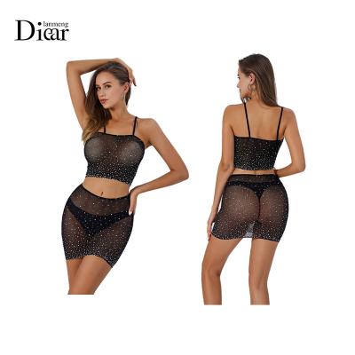 China Factory direct wholesale high quality women's sexy apparel shiny faux stone knitted transparent netting Babydoll lingerie sets for sale