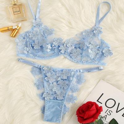 China 2022 breathable sexy floral embroidery bra set hot sexy underwear mesh transparent underwear for sale