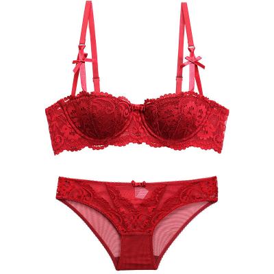 China Breathable Wholesale Wireless Half Cup Red Women 1/2 Lace Up Bra Set for sale