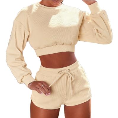 China Other Fashion Suit Tracksuit Gear Set Women O-Neck Long Sleeve Crop Tops Drawstring Shorts Two Piece Suit Solid Color Casual Women for sale