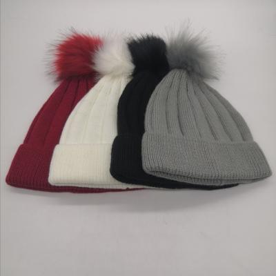 China breathable & Basic Soft Warm Waterproof And Lady Warm Winter Knitted Acrylic Beanie Hat With Pompom for sale