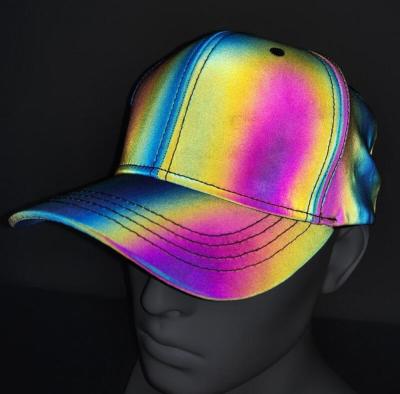 China Custom Logo Colorful Rainbow Reflective Luminous Waterproof Sports Hat 6 Panel Baseball Cap for sale