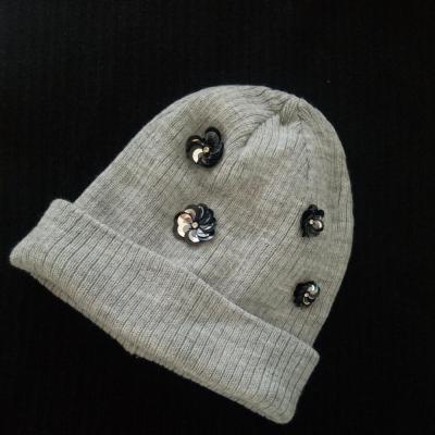 China JOINT Style Basic Gray Lady's Knitting Skullcap With Handmade Sequin Flowers for sale