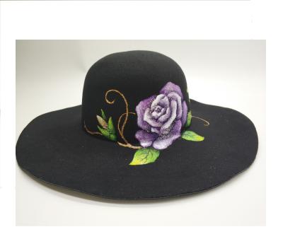 China Custom Hand Painted Picture Women Lady Wool Felt Wide Brim Floppy Hat for sale