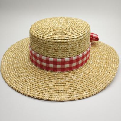 China Hot Sale Custom Natural Straw Hat Wheat Band Plaid Grid Character Wide Brim Beach Sun Hat for sale