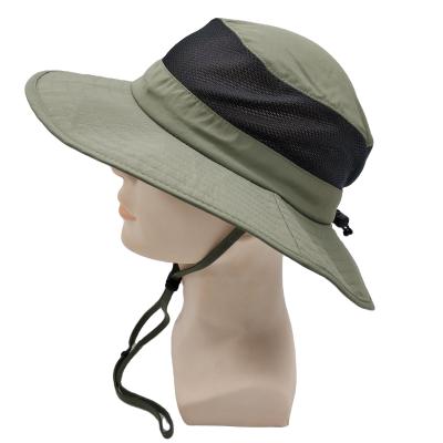 China Breathable Chin Strap Sun Hat Mesh Fisherman Military Boonie Wide Brim Sun Block Jungle Bucket for sale