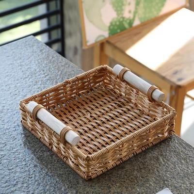 China Bobai Casual Plant Plastic Rattan Storage Basket With Handles Wooden Towel Box Fruit Basket Makeup Storage Tray for sale