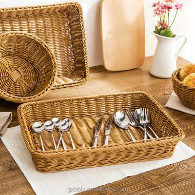 China Sustainable Hot Selling Eco-friendly Handwoven Type Rectangle Storage And Round Brown PP Rattan Bread Basket Fruit Display Basket for sale