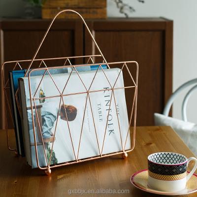 China Wholesale Modern Metal Wire Rose Gold Desktop Organizer File Magazine Holder Storage Basket for Home and Office for sale