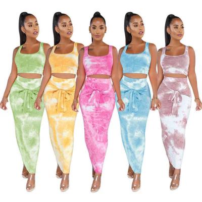 China QUICK DRY Fashion 2 Piece Suspender Skirt Pattern Multicolor Printed Tie Dye Set Women Tye Dye 2 Piece Long Dress Skirts for sale