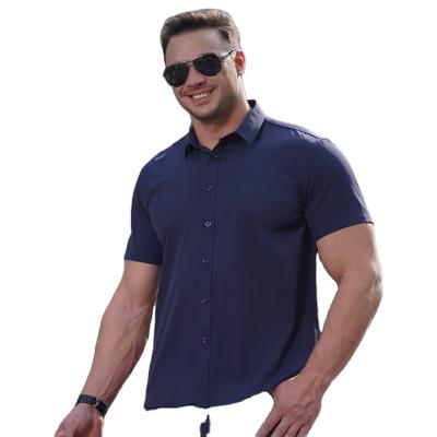 China Anti-pilling new design 2021Summer plus size shorts sleeve men's casual shirt Soild color stretch button men shirts for sale