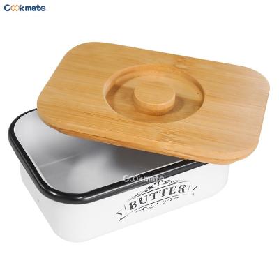 China Freshness Keeping Refrigerator with Wooden Freshness Seal Increase Kitchen Decor Farmhouse Butter Keeper and Holder Container Dish with Lid for sale