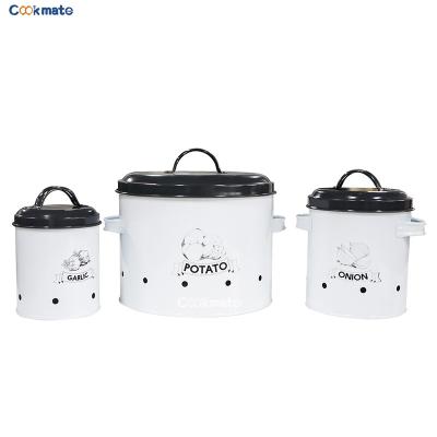 China Storage 3 Features Round Metal Storage POTS with LIDS for Potato and Onion Kitchen Canister Set Vegetable Storage Bins for sale