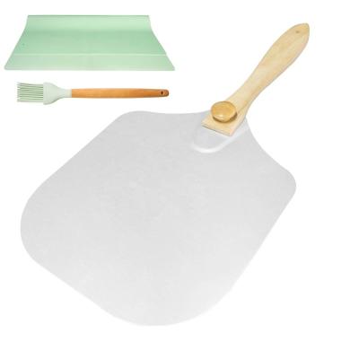 China Whole Sale Stored Aluminum Pizza Skin with Silicone and Metal Brush Pad Perforated Paddle Easy Storage Pizza Spatula for Baking for sale