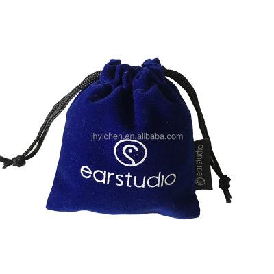 China Custom Logo Royal Blue Flannel Recyclable EarStudio Bags Small Velvet Earphone Pouches With Drawstring for sale