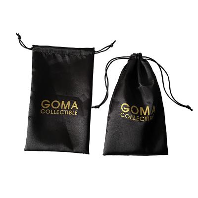 China Custom Gift Gold Logo Black Silk Drawstring Makeup Bags Satin Cosmetics Cases for sale