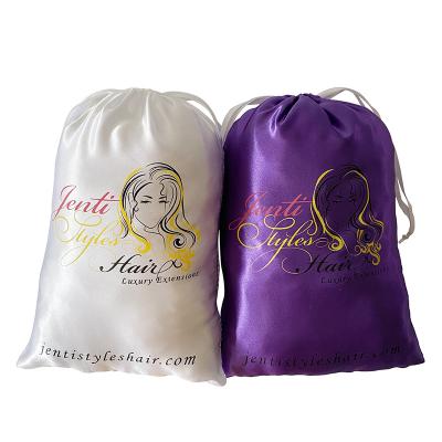 China Custom Logo Silk Satin Drawstring Gift Bags Promotion Pouches For Packaging Hair Extensions for sale