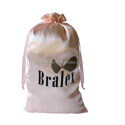 China Gift Custom Logo Pink Silk Drawstring Hairpiece Bags Satin Pouches For Packaging Hair Weaving for sale