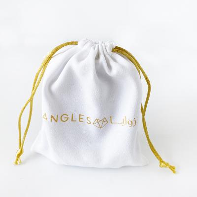 China Custom White Suede Drawstring Pouch Pearl Velvet Small Jewelry Logo 13x15cm Instrument Bags for sale