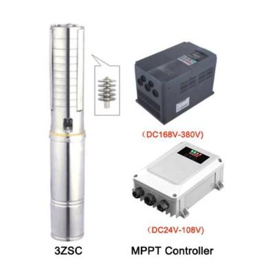 China Home use 3ZSC 3 inch DC solar power submersible water pumps stainless steel brushless impeller pumping machine with control box for sale