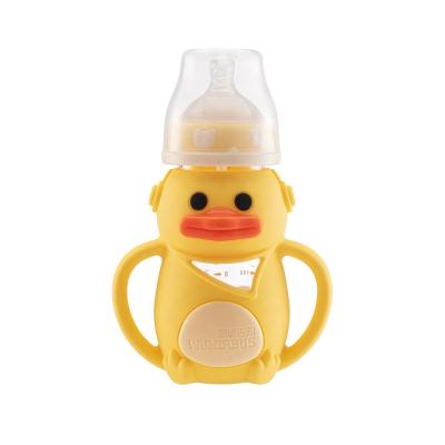 China BPA Free Wholesale Wundrbus Duck Glass Displayed Baby Bottle Large With Silicone Protect Heatproof Kids Glass Bottle for sale