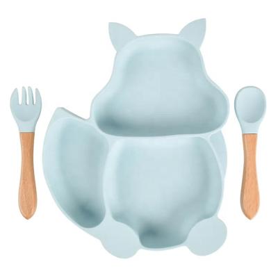 China BPA Free Portable Tableware Silicone Cartoon Cutlery Set Squirrel Shape Baby Feeding Dish with Fork and Spoon for sale