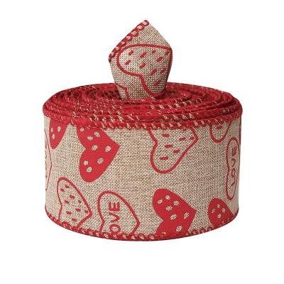 China 50mm 63mm Cable Burlap Ribbon Valentine's Day Printed Burlap Ribbon Viable Ribbon For Wedding Decoration for sale