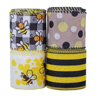 China Wired 2.5 Inch Bumble Bee Wired Polka Dot Wired Edge Ribbon Bee Decorative Stripe Craft Ribbon By Bee Ribbon For Wrapping, Party Decoration for sale