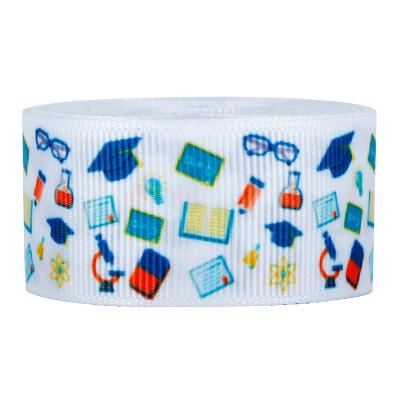 China Wholesale 25mm Printed Wide Back To School Ribbon Blue Color Printed Patterns For DIY Wrapping And Decorating Grosgrain Ribbons for sale