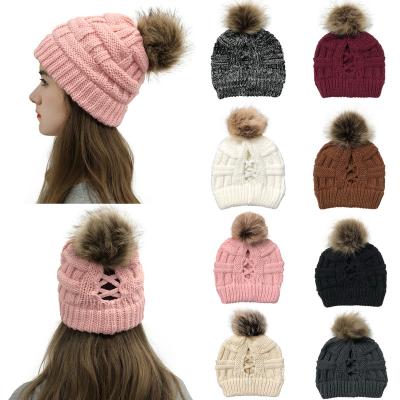 China JOINT women custom knitted women knitted hat 2020 winter thick warm knitted ponytail hat crochet women for sale