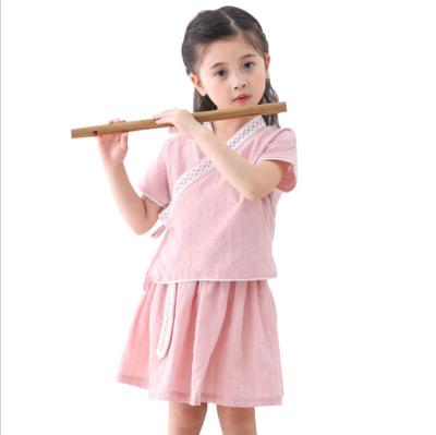 China Chinese traditional dress cotton and hanfu dress kids girl Chinese style improved canvas girls clothing set 90-130cm for sale