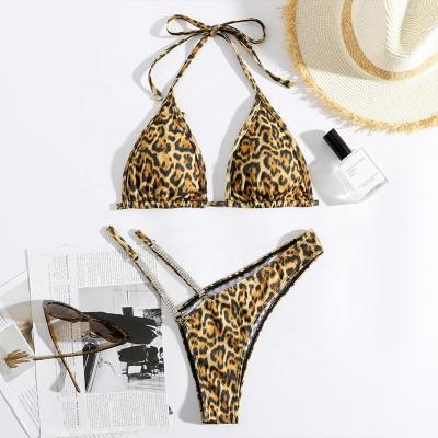 China Custom Women Antibacterial Sexy Brazilian Bikini Swimwear Halter Swimwear 2 Pieces For Women Triangle Swimwear Leopard Cutout Bikini Set for sale