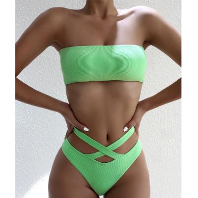 China Two Pieces Antibacterial Sportswear Low MOQ Custom Tie Swimwear Tidy Suit Swimwear For Women Bikini Set Bandeau Swimsuit Green Beach Wear for sale