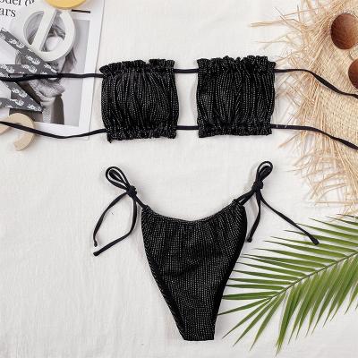 China Factory Cheap Sexy Swimwear Breathable With 2 Piece OEM ODM String Swimsuit Triangle Bikinis Black Swimwear Set Swimsuits For Woman for sale