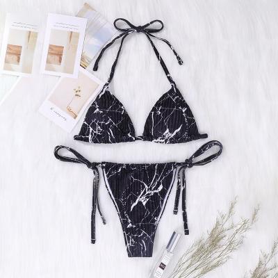 China OEM Breathable Swimwear Women Black Bikini Set Two Pieces Swimsuit Marble Bikini Beach Wear Textured Sexy Swimwear Bikini String for sale