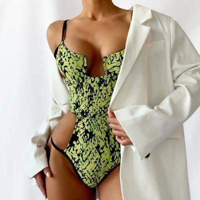 China 2022 Custom Windproof Swimwear Cutout Bikini Push Up Tummy Control Swimwear For Women High Leg Snakeskin One Piece Swimsuit for sale