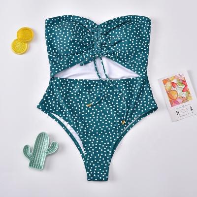 China OEM Swimwear Antibacterial Custom Bandeau Swimwear For Women Dot Cut Out Swimwear Push Up Tummy Green High Leg Control One Piece Swimsuit for sale