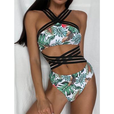 China Antibacterial Custom Bandeau High Waist Swimwear 2022 Swimwear For Women Criss Cross Halter Swimwear Tropical High Leg One Piece Swimsuit for sale