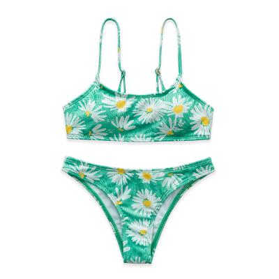 China 2022 Girl's Custom Windproof Bikini Two Piece Sunflower Green Swimsuit Printed Swimwear Low Waist Swimwear For Kids for sale