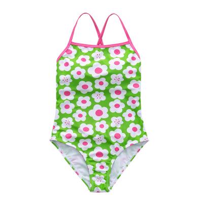 China 2022 High Leg Windproof Swimsuits For Girl Tie Back Floral Green Low Back Swimwear One Piece Swimsuit For Kids for sale