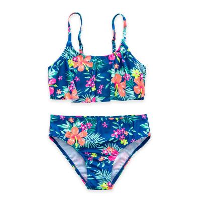 China Custom 2022 OEM Girls Swimwear Windproof Two Pieces High Waist Swimsuit Swimwear For Girls Blue Floral Swimwear Bikini Tankini for sale